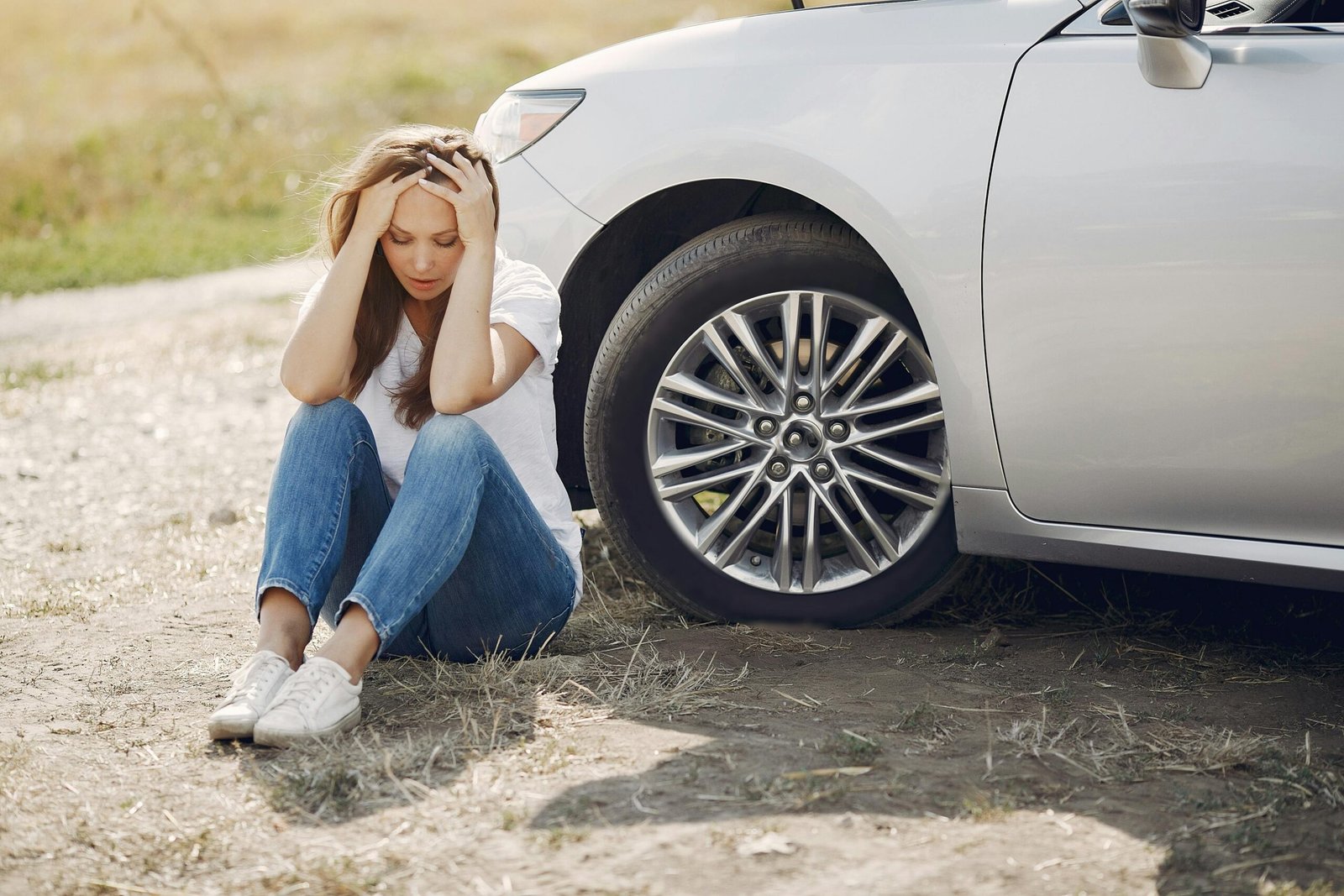 Stressed out woman outside of her vehicle after a car accident.