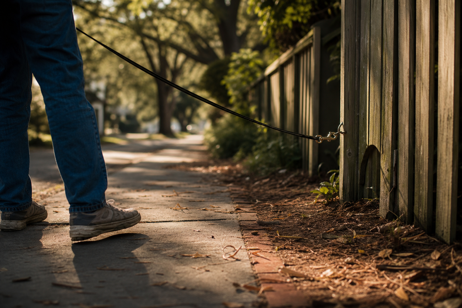 A taut dog leash stretches toward a weathered fence gate on a sun-dappled residential sidewalk in North Carolina.