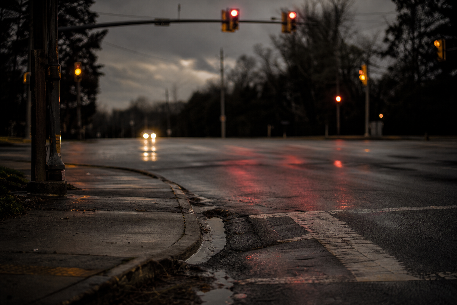 drunk-driving-accident-lawyer-raleigh-nc-1791292876040 A rain-slicked Raleigh intersection at dusk with traffic signal lights reflecting across wet asphalt.