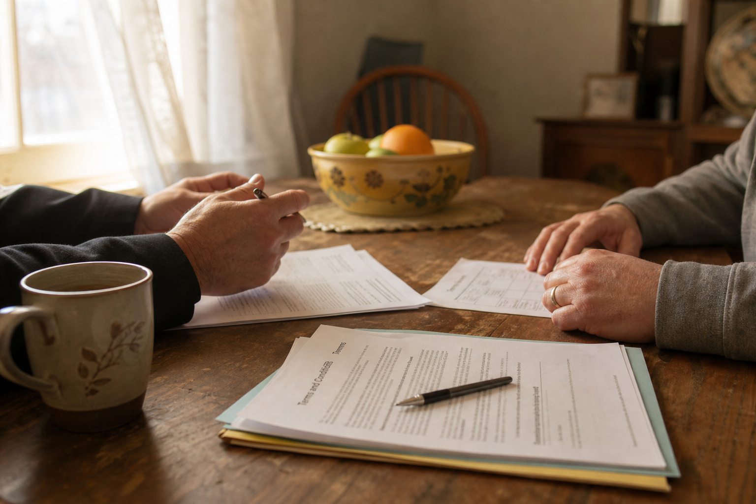 factors-affect-personal-injury-claim-north-carolina-1792888198213 Two pairs of hands near documents spread across a warm wooden kitchen table in soft afternoon light.