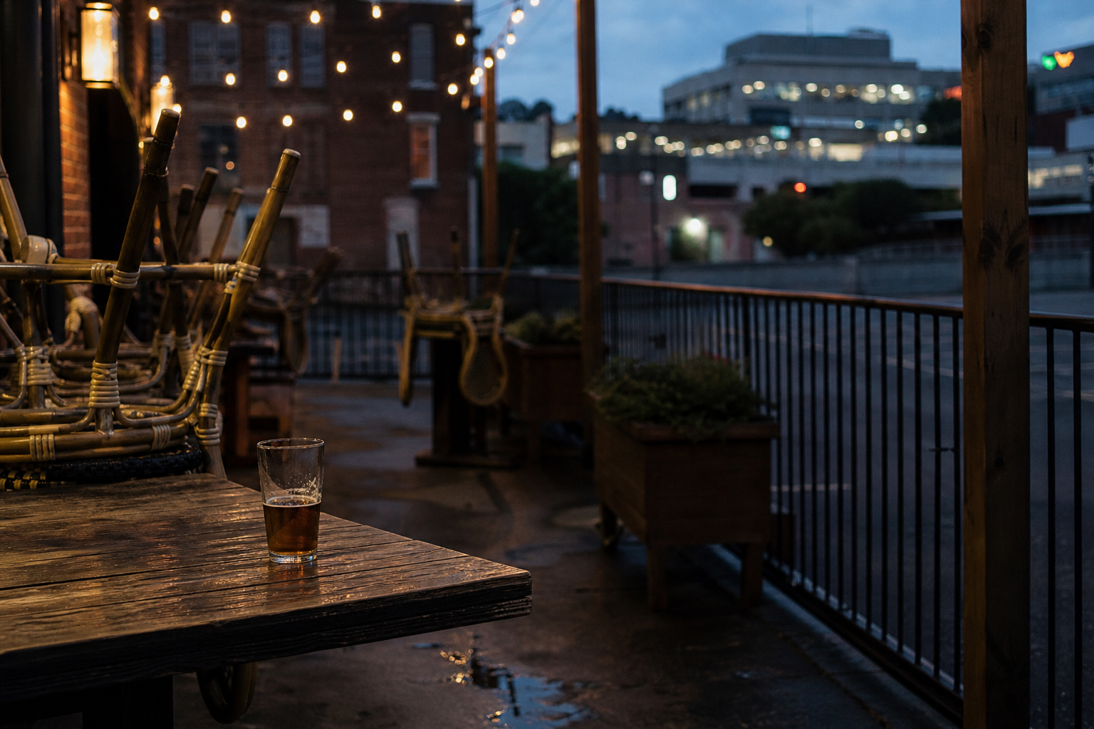 A closed restaurant patio at dusk with upturned chairs, glowing string lights, and a forgotten glass on a weathered table.